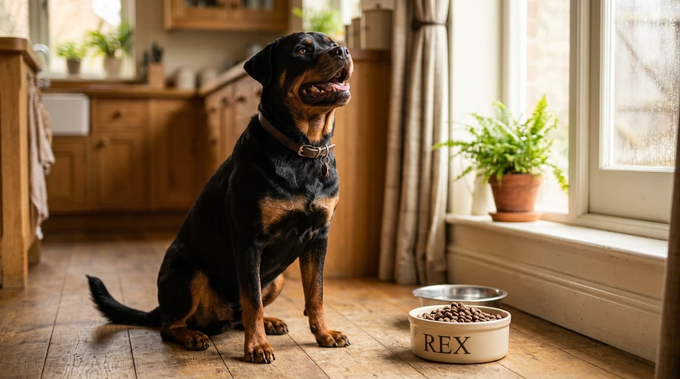 Rottweiler wearing recommended dog gear, demonstrating proper harness or collar fit for the breed