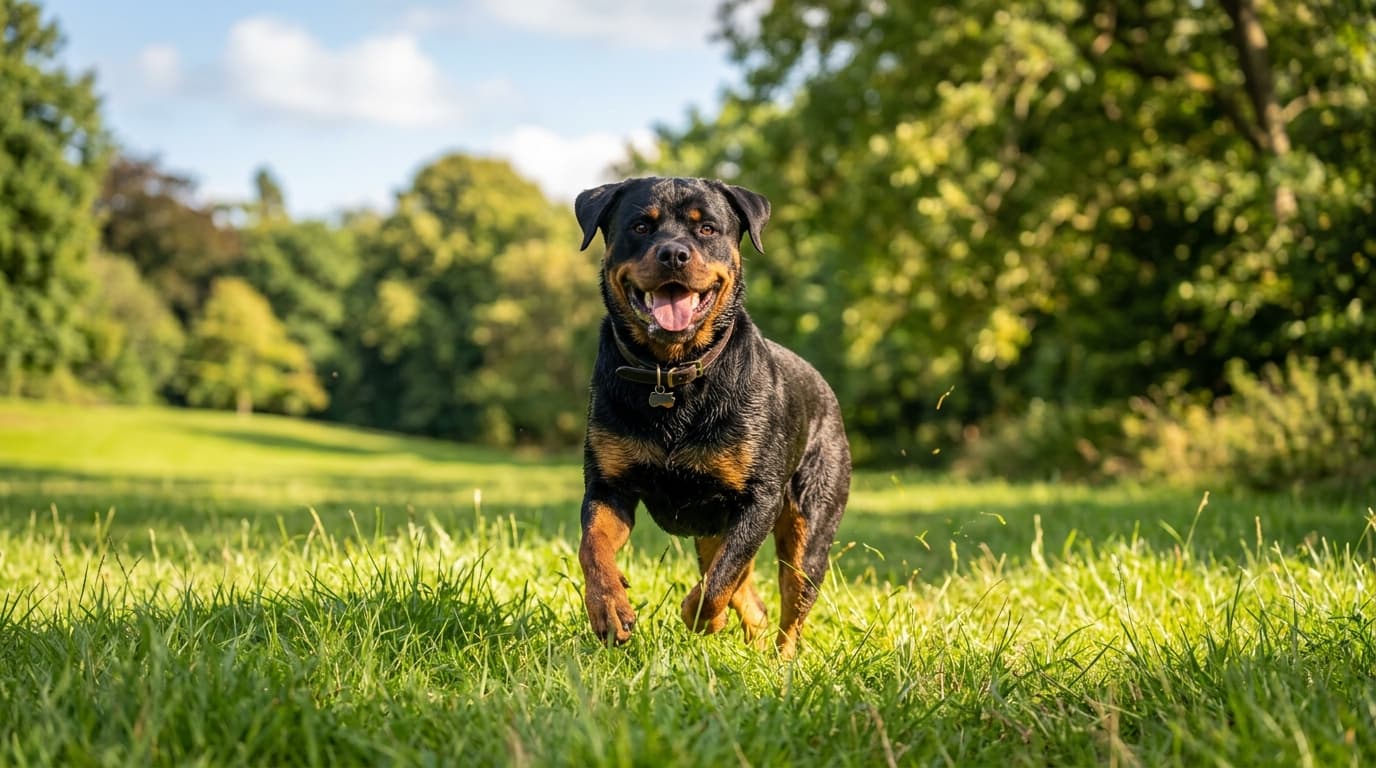Rottweiler in a natural outdoor lifestyle setting, illustrating typical breed energy level and body shape