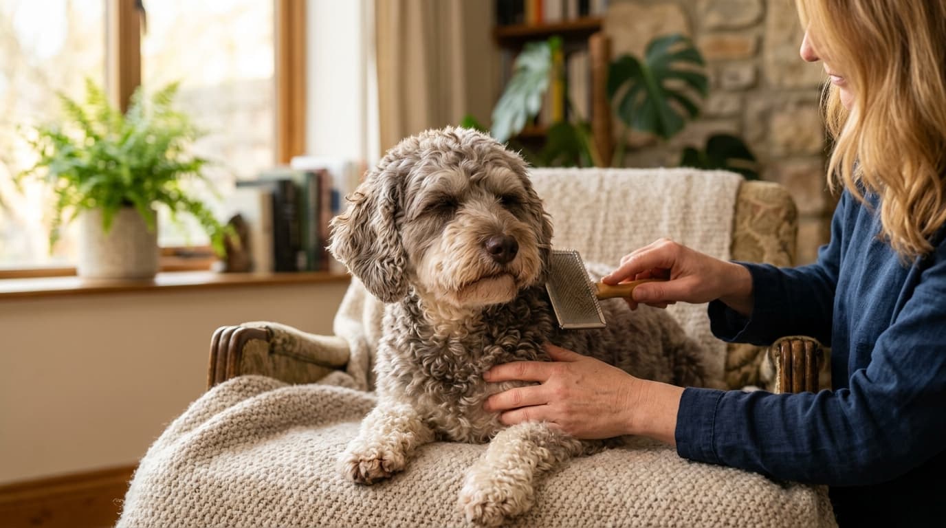 Schnoodle wearing recommended dog gear, demonstrating proper harness or collar fit for the breed
