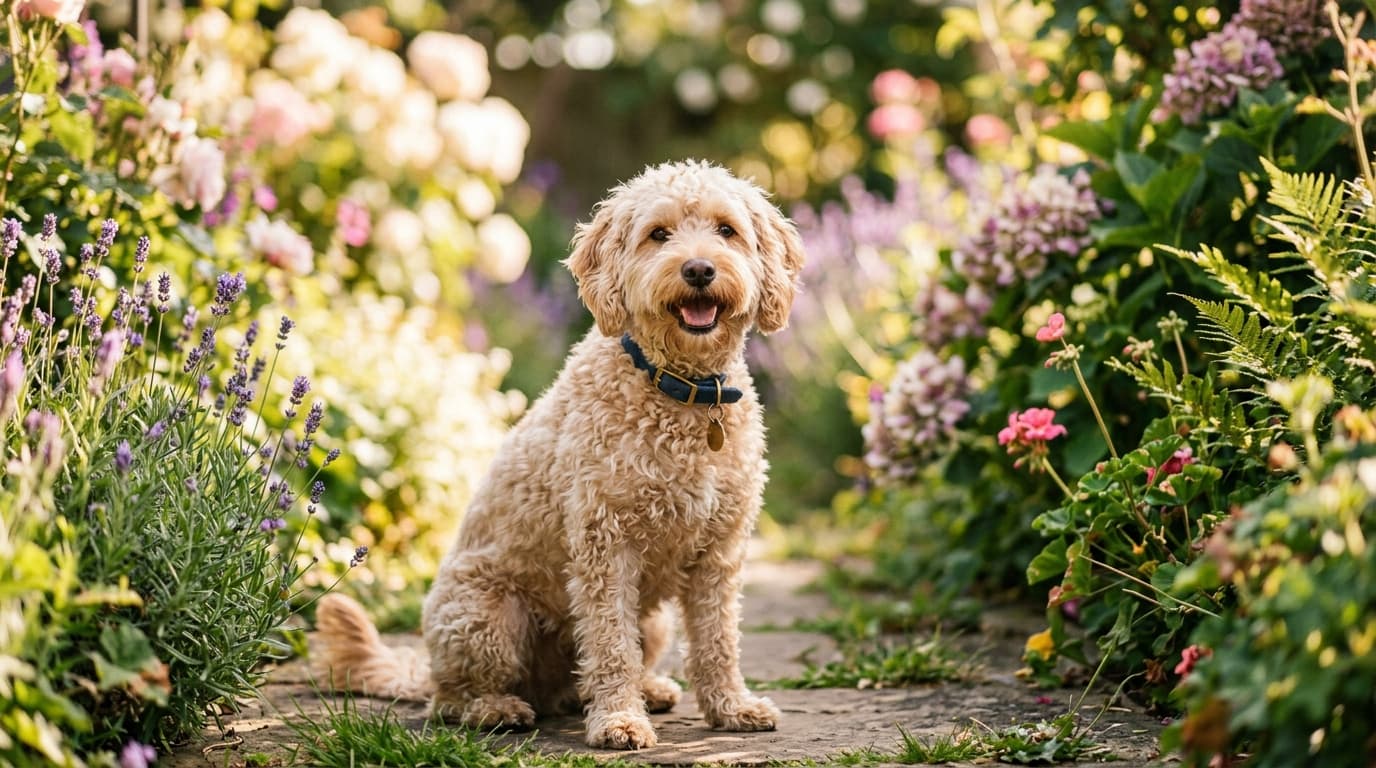 Schnoodle in a natural outdoor lifestyle setting, illustrating typical breed energy level and body shape