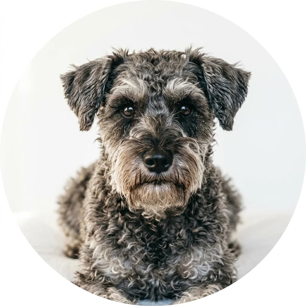 Schnoodle dog — studio head-and-shoulders portrait showing typical coat color and facial features