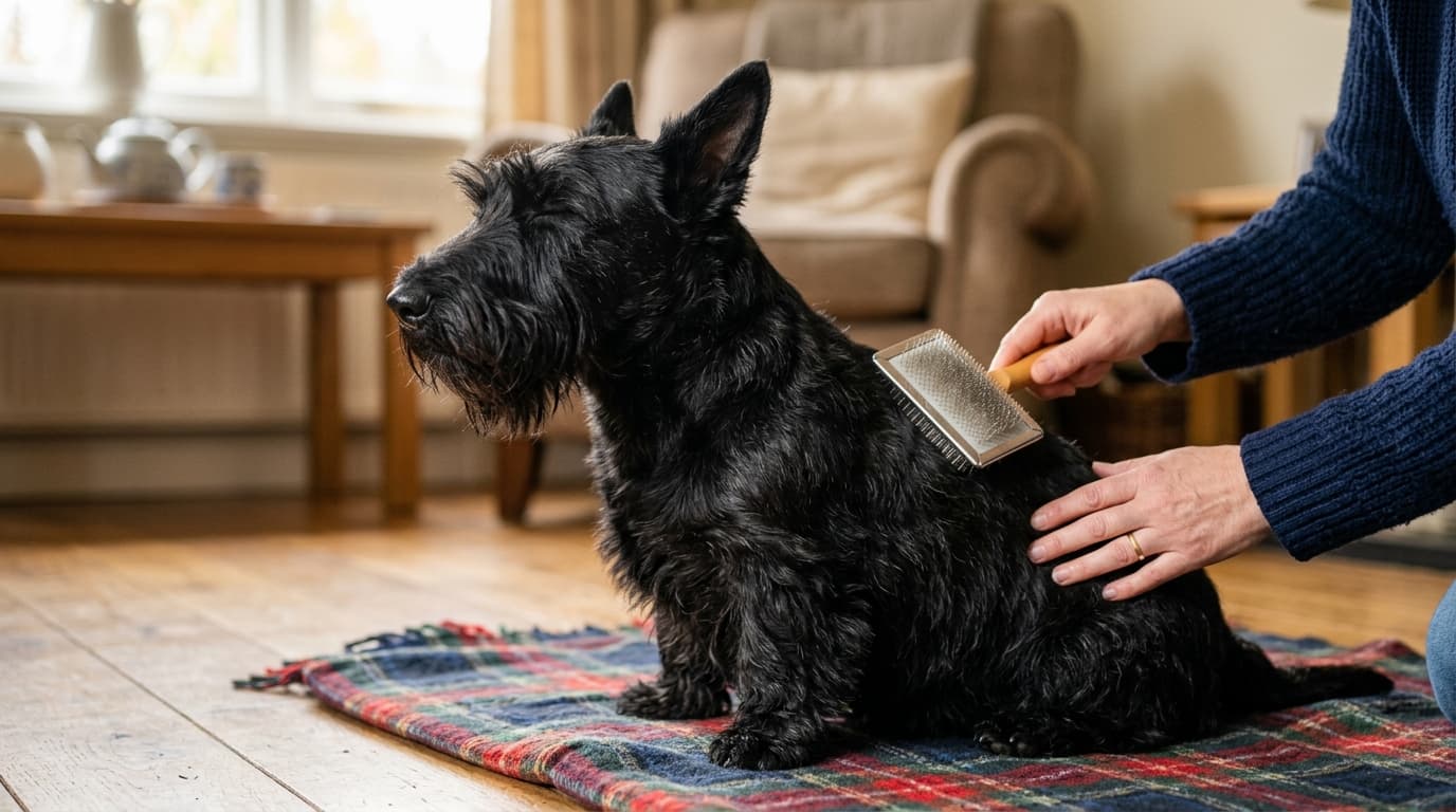 Scottish Terrier wearing recommended dog gear, demonstrating proper harness or collar fit for the breed