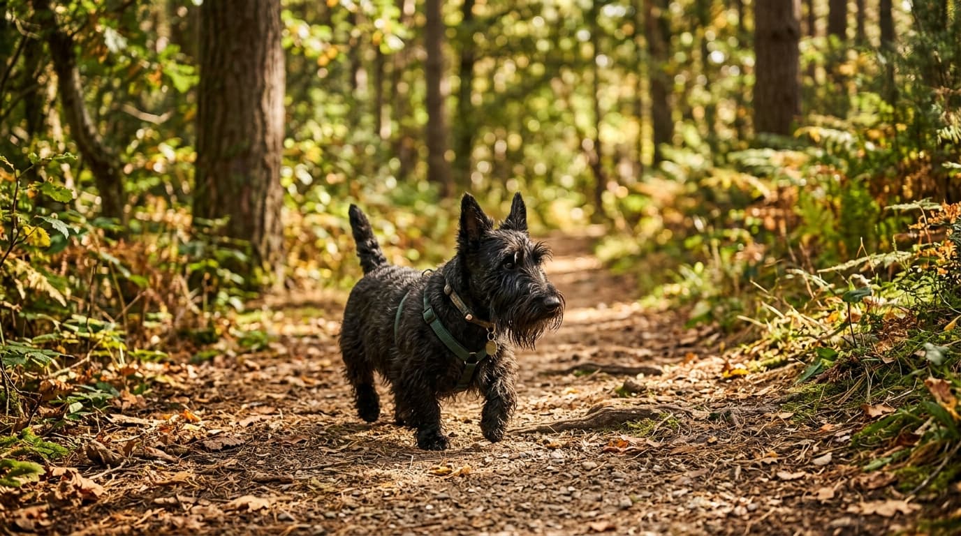 Scottish Terrier in a natural outdoor lifestyle setting, illustrating typical breed energy level and body shape