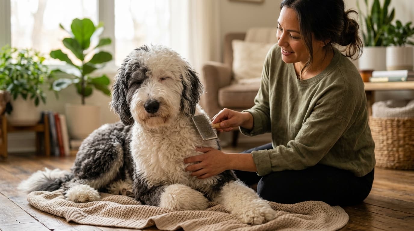 Sheepadoodle wearing recommended dog gear, demonstrating proper harness or collar fit for the breed
