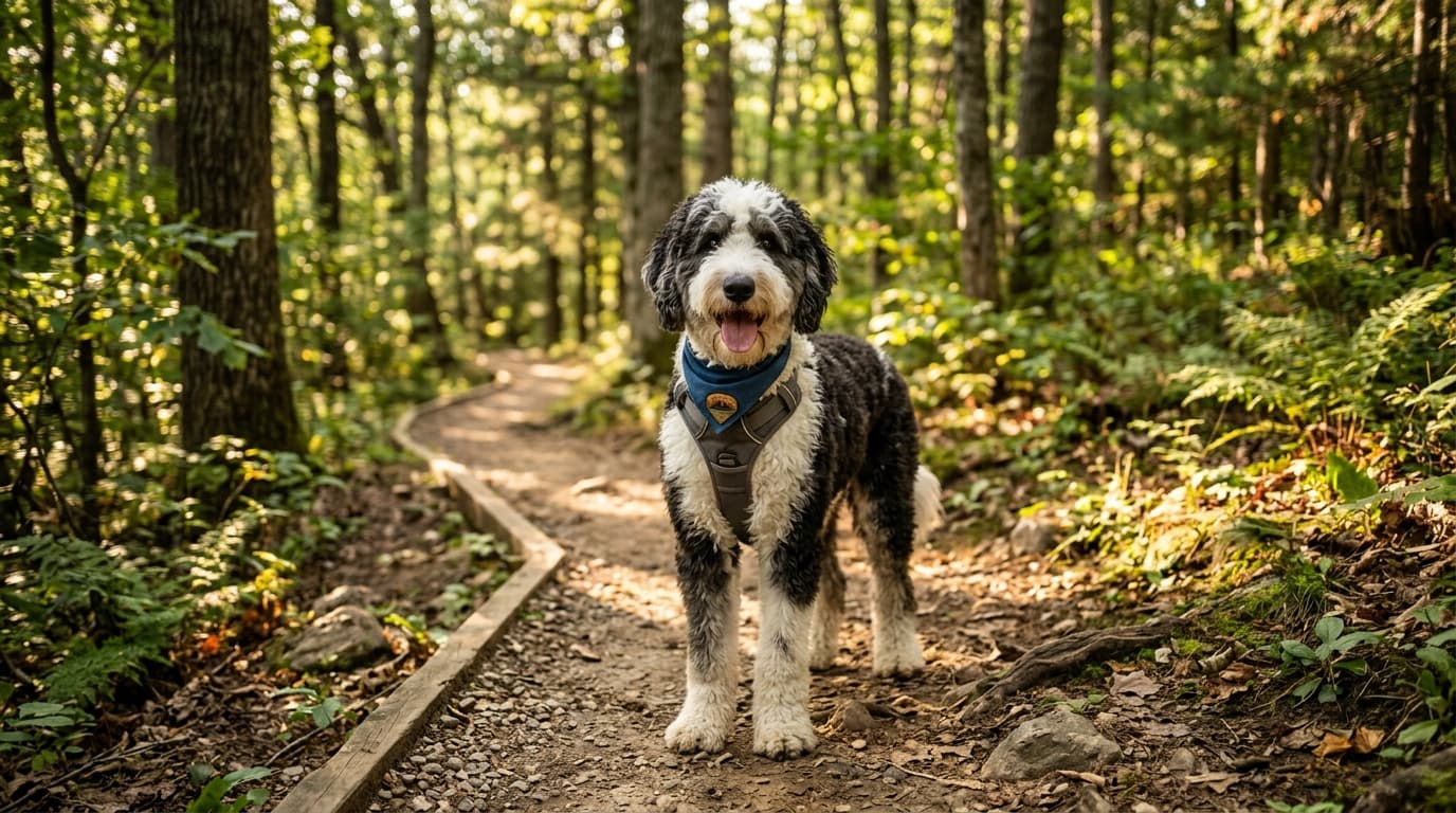 Sheepadoodle in a natural outdoor lifestyle setting, illustrating typical breed energy level and body shape