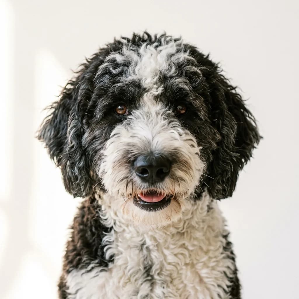Sheepadoodle dog — studio head-and-shoulders portrait showing typical coat color and facial features