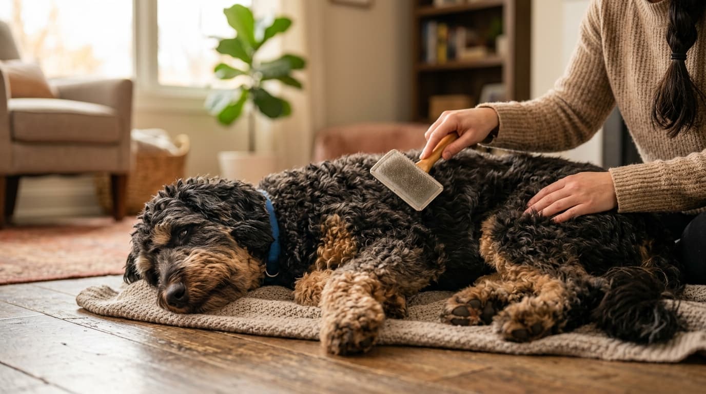 Shepadoodle wearing recommended dog gear, demonstrating proper harness or collar fit for the breed