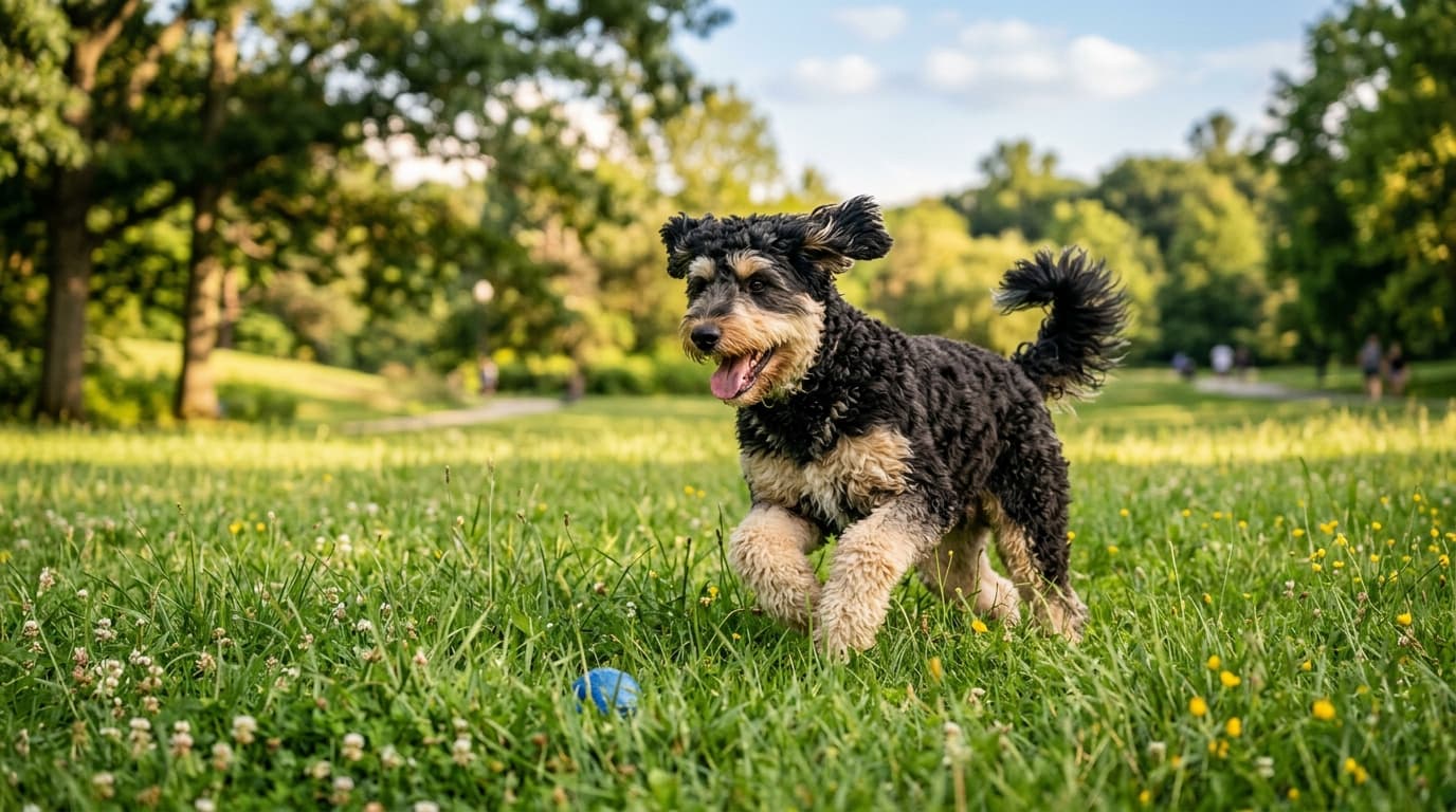 Shepadoodle in a natural outdoor lifestyle setting, illustrating typical breed energy level and body shape