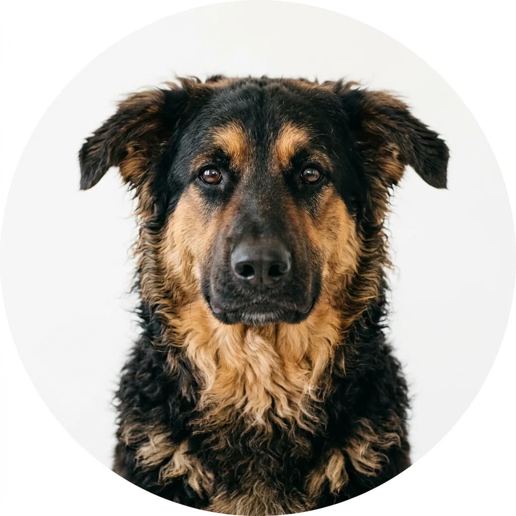 Shepadoodle dog — studio head-and-shoulders portrait showing typical coat color and facial features