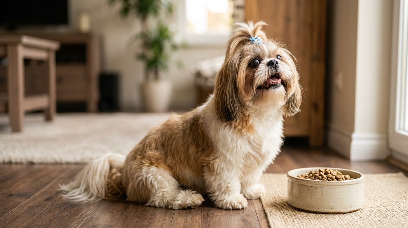 Shih Tzu wearing recommended dog gear, demonstrating proper harness or collar fit for the breed