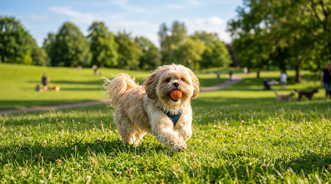 Shih Tzu in a natural outdoor lifestyle setting, illustrating typical breed energy level and body shape