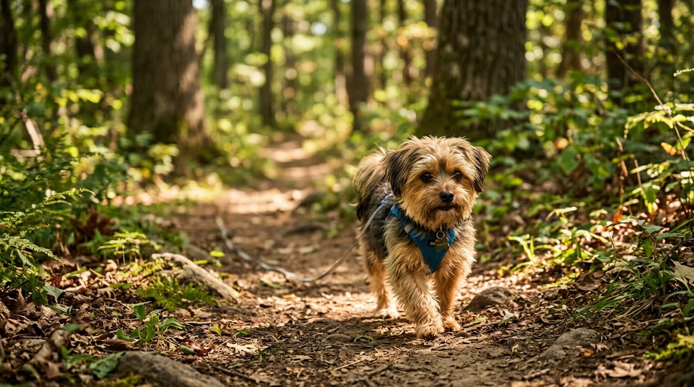 Shorkie in a natural outdoor lifestyle setting, illustrating typical breed energy level and body shape