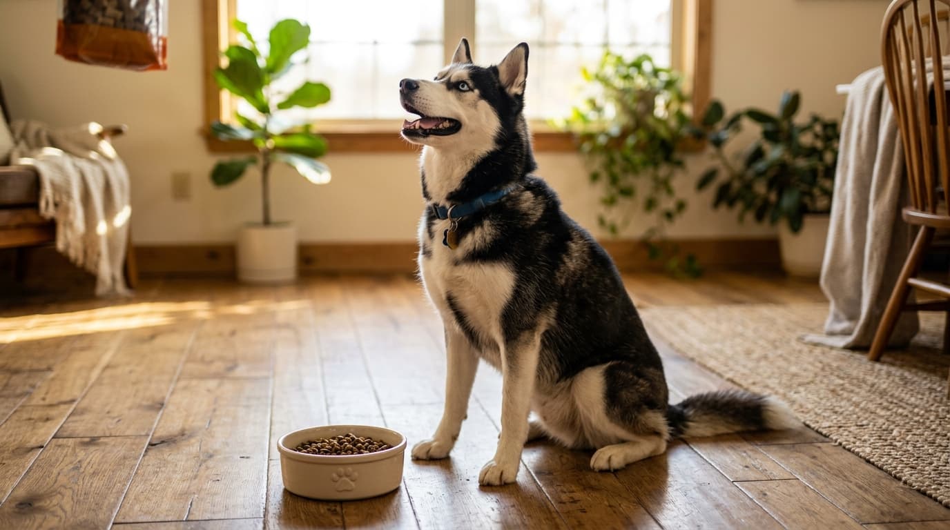 Siberian Husky wearing recommended dog gear, demonstrating proper harness or collar fit for the breed