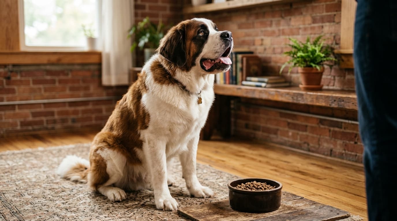 St. Bernard wearing recommended dog gear, demonstrating proper harness or collar fit for the breed
