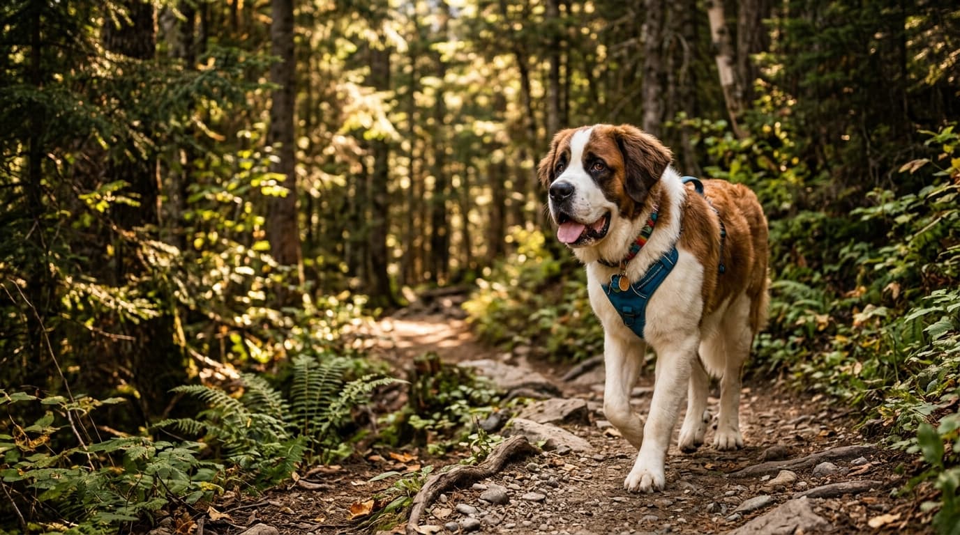 St. Bernard in a natural outdoor lifestyle setting, illustrating typical breed energy level and body shape