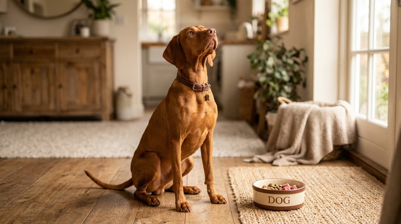 Vizsla wearing recommended dog gear, demonstrating proper harness or collar fit for the breed