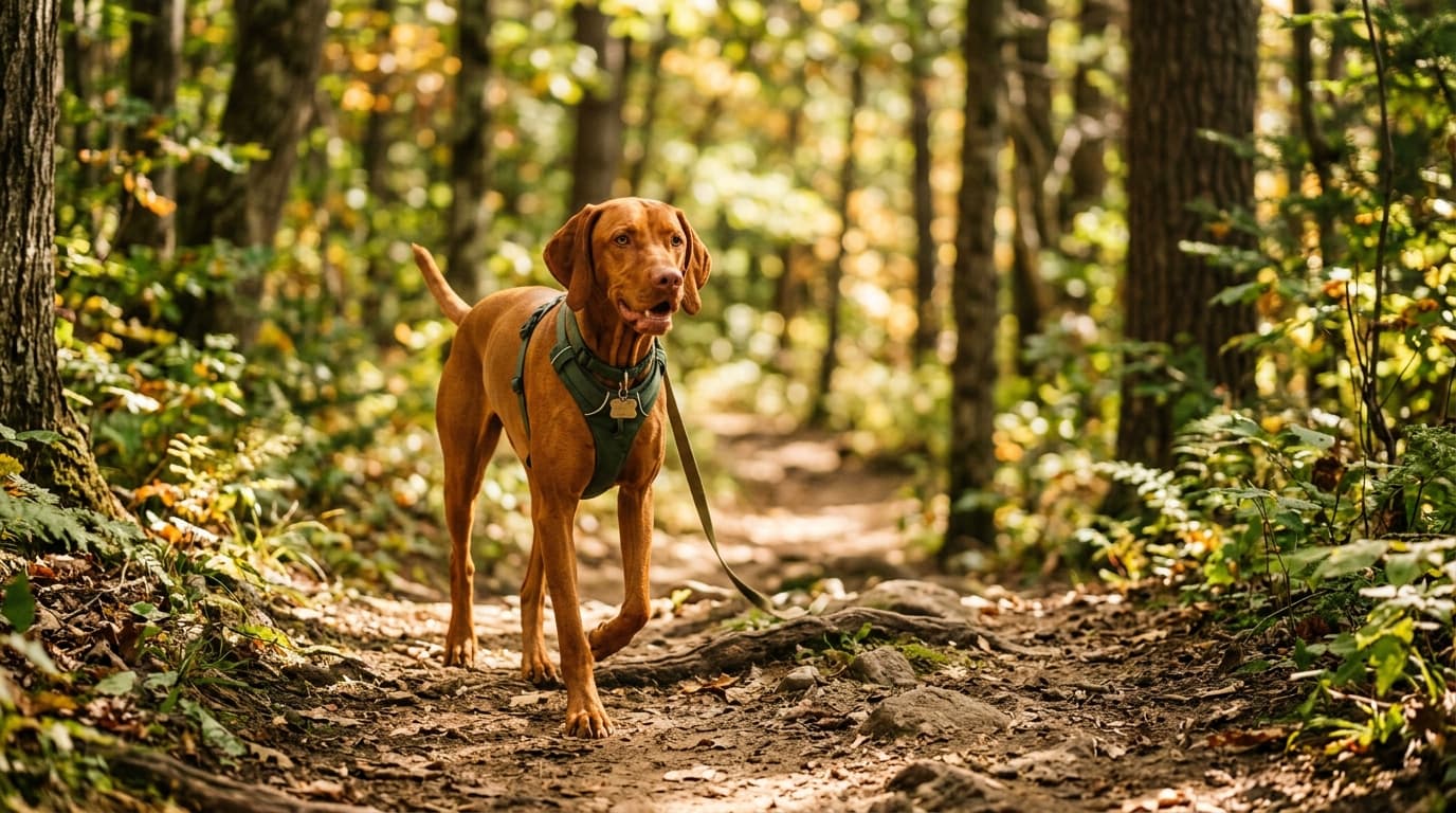 Vizsla in a natural outdoor lifestyle setting, illustrating typical breed energy level and body shape