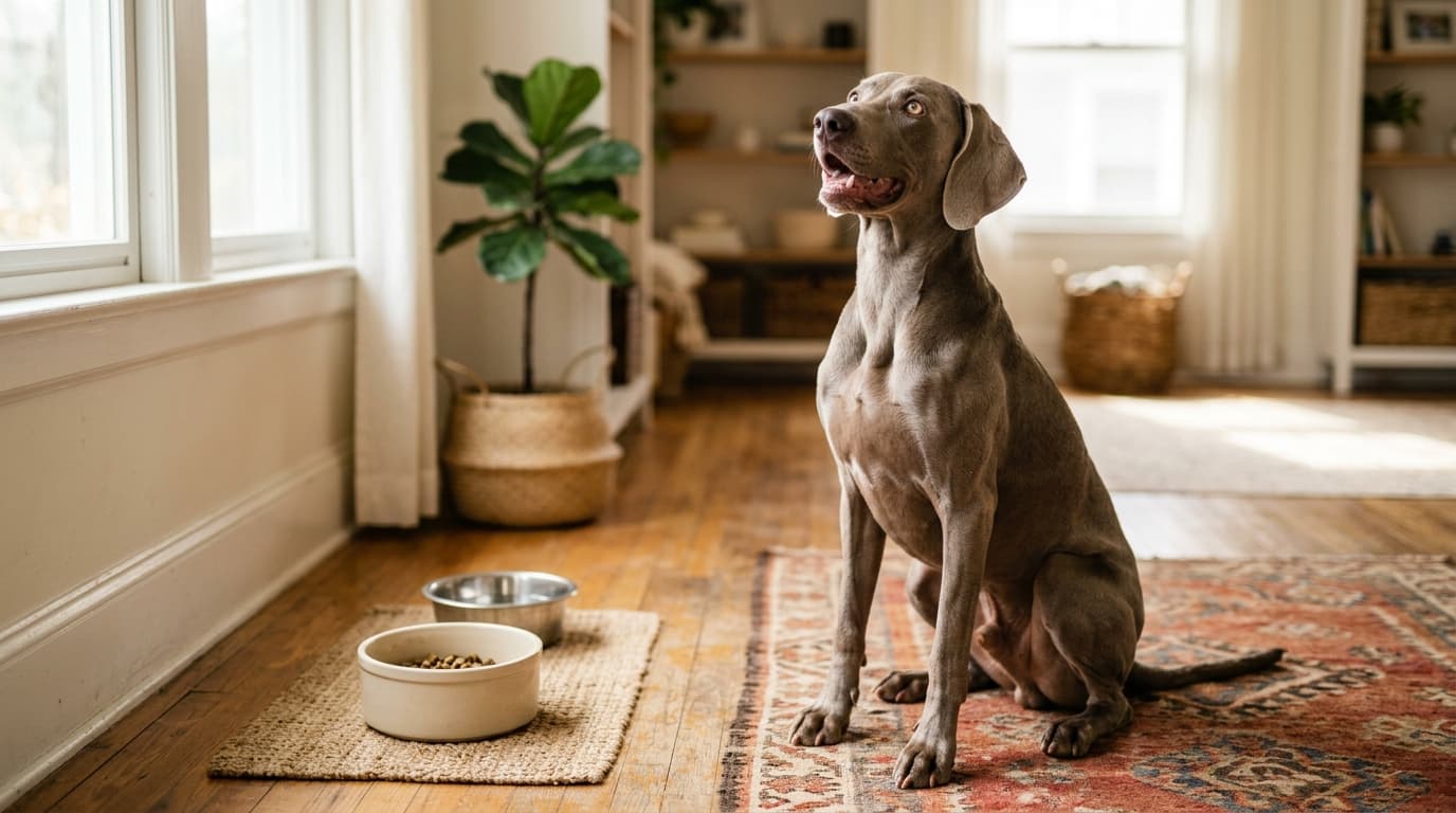 Weimaraner wearing recommended dog gear, demonstrating proper harness or collar fit for the breed