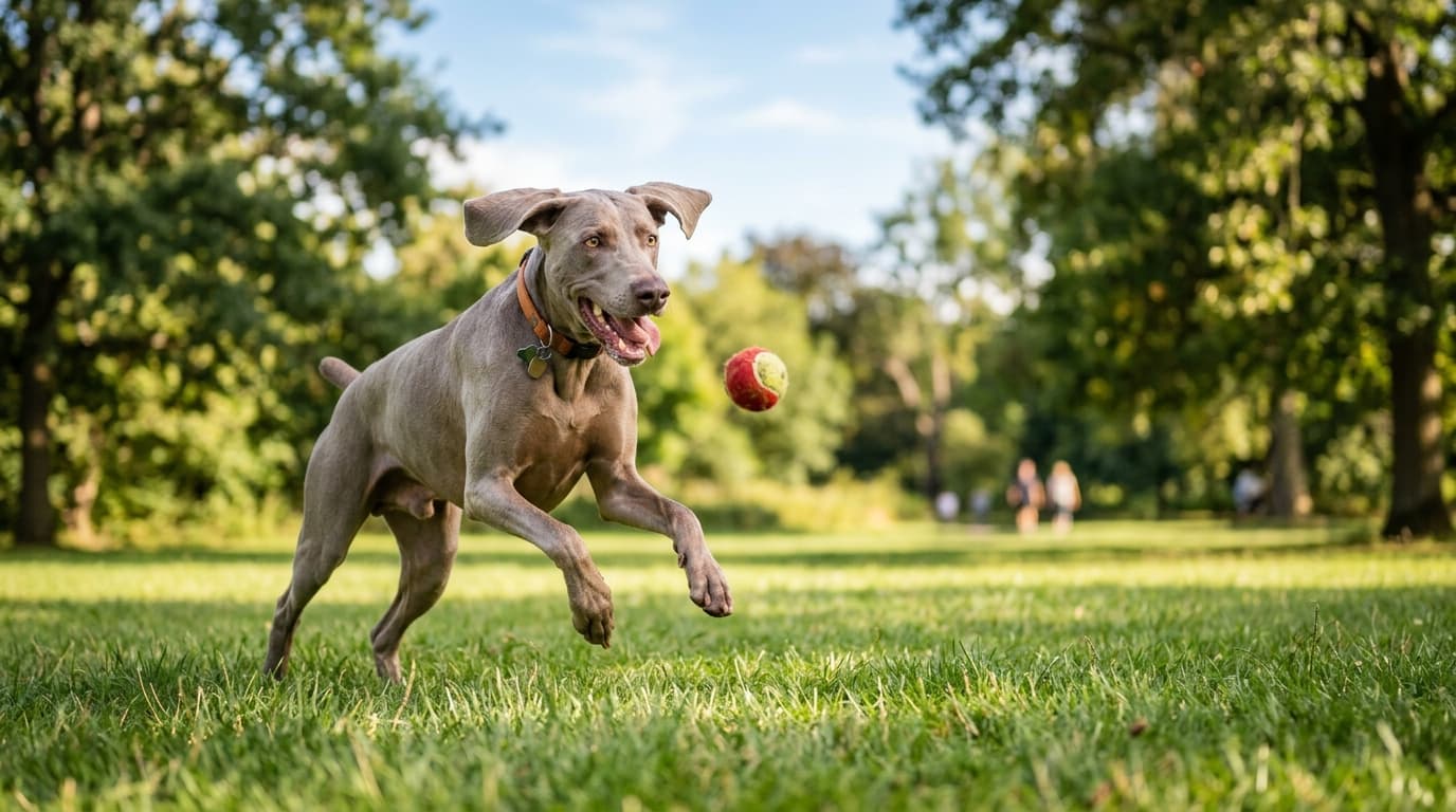 Weimaraner in a natural outdoor lifestyle setting, illustrating typical breed energy level and body shape
