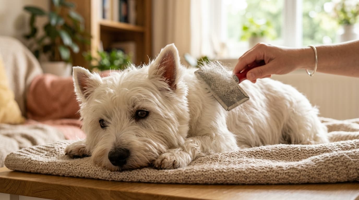 West Highland White Terrier wearing recommended dog gear, demonstrating proper harness or collar fit for the breed