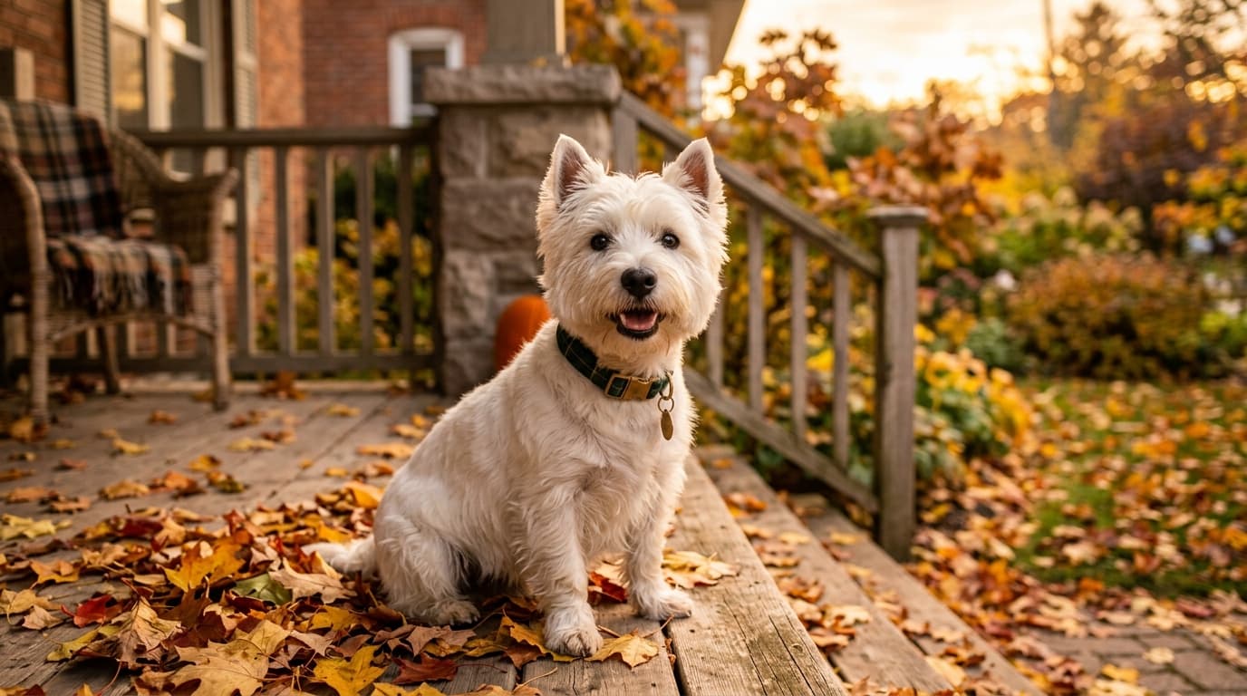 West Highland White Terrier in a natural outdoor lifestyle setting, illustrating typical breed energy level and body shape