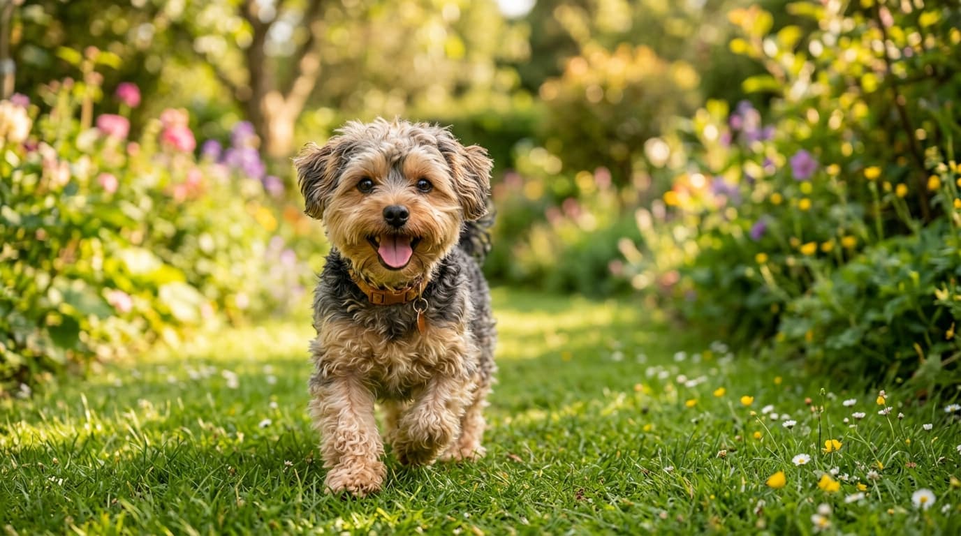 Yorkipoo in a natural outdoor lifestyle setting, illustrating typical breed energy level and body shape
