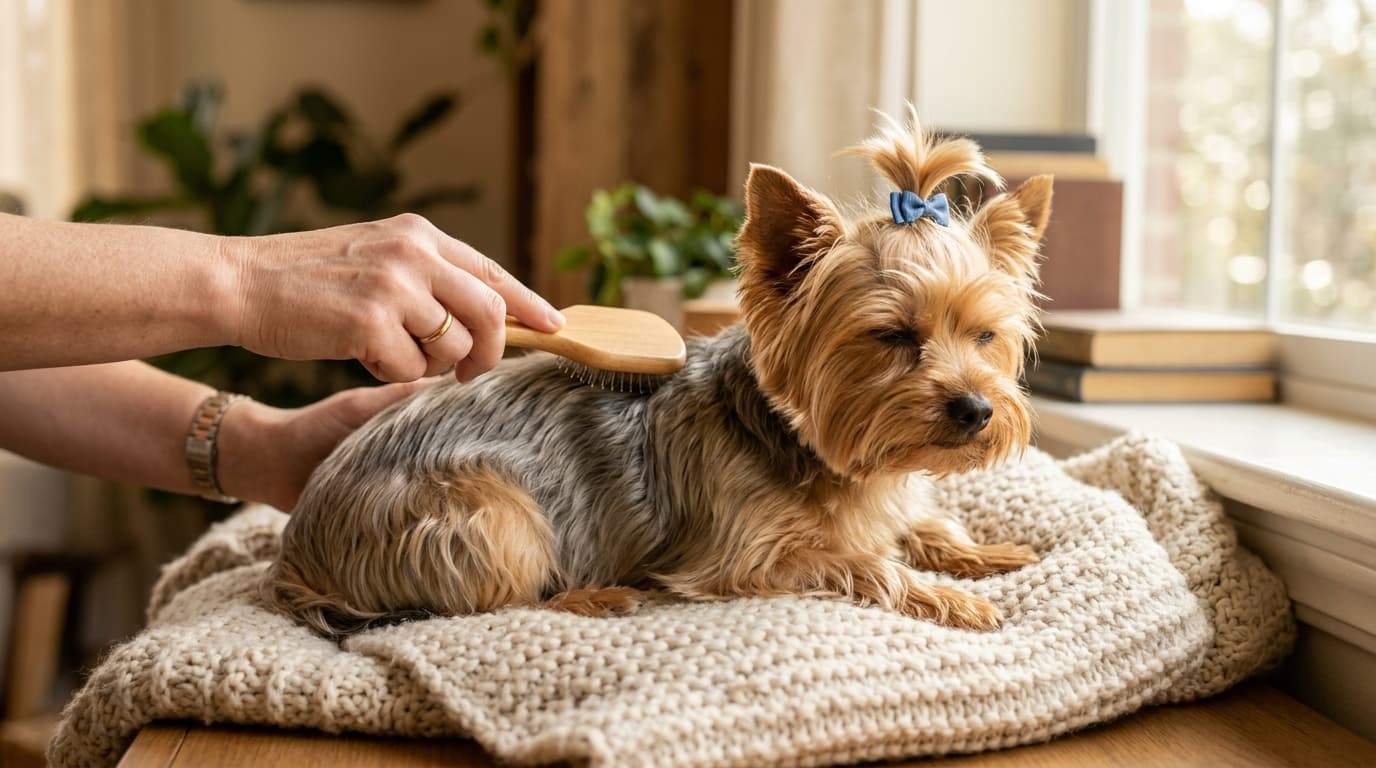 Yorkshire Terrier wearing recommended dog gear, demonstrating proper harness or collar fit for the breed