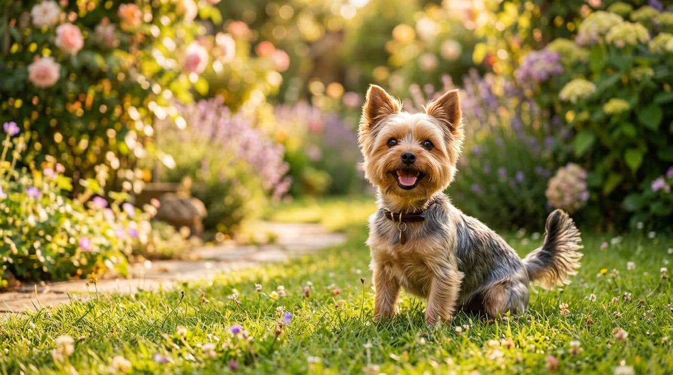 Yorkshire Terrier in a natural outdoor lifestyle setting, illustrating typical breed energy level and body shape